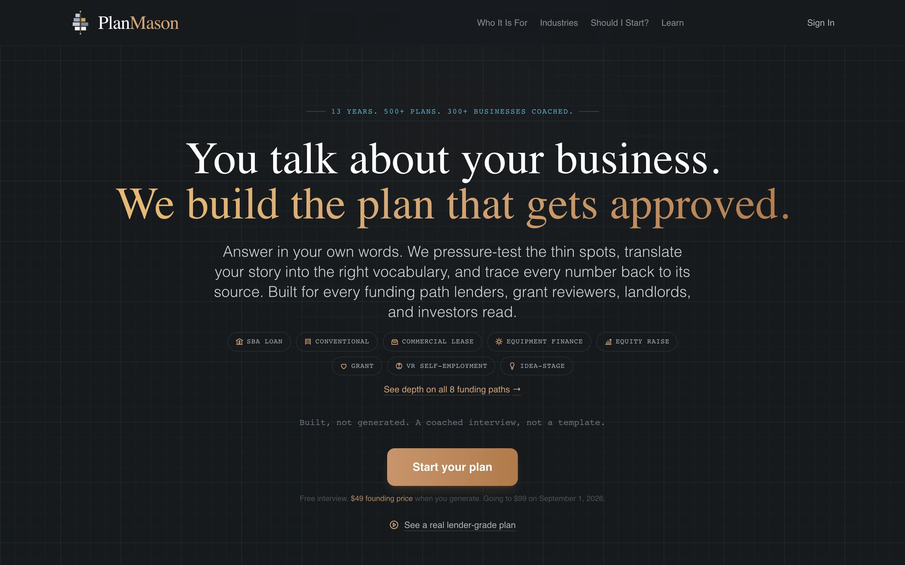PlanMason, a custom AI business plan platform built by Ascend Creative, home page