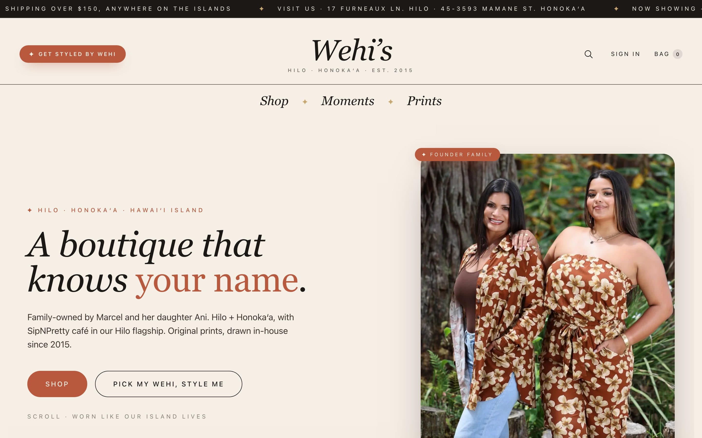 Wehi's Boutique headless Shopify storefront home page, family-owned Hawaii apparel brand