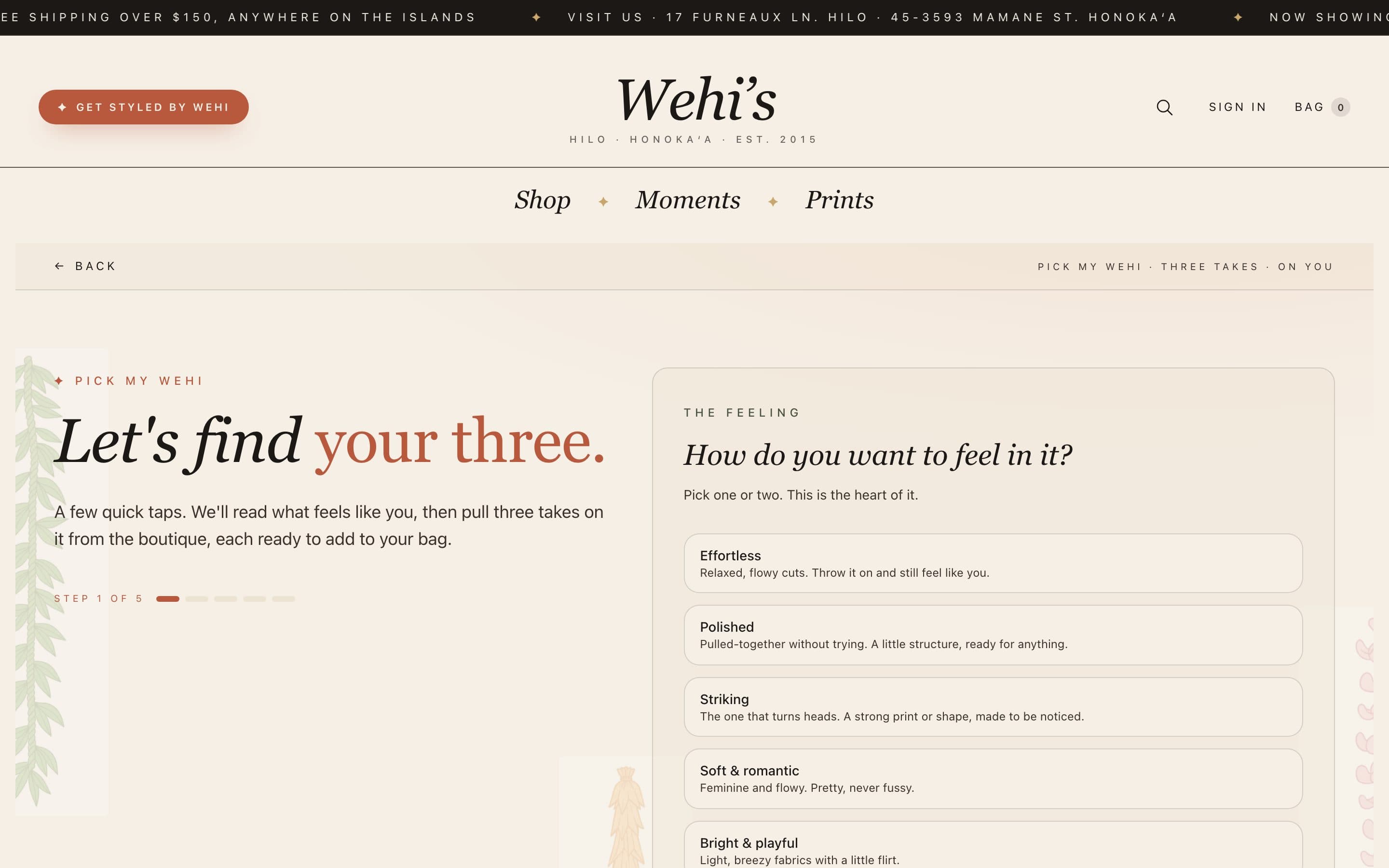 Pick My Wehi, the custom AI stylist on Wehi's Boutique, step one of five asking how she wants to feel