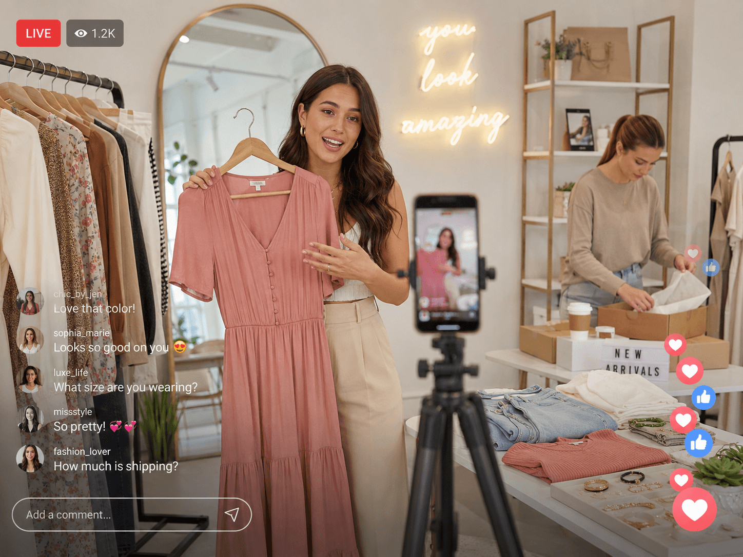 A boutique owner selling live on camera, holding up a dress to a chat full of shoppers