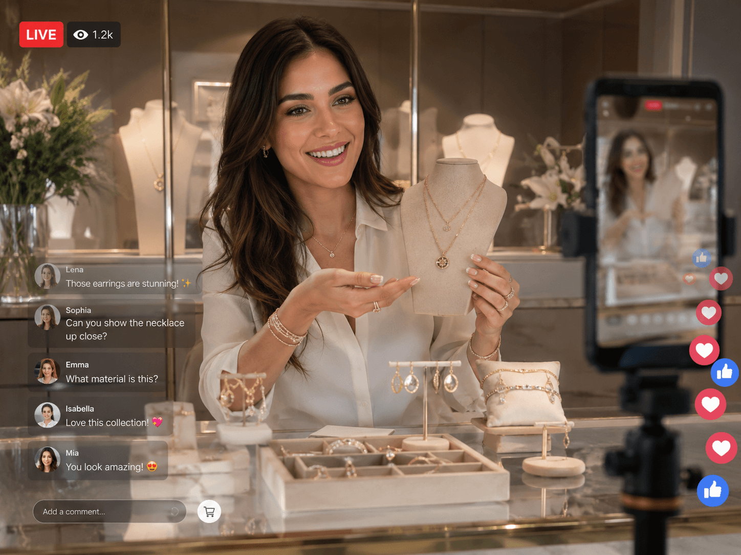 A jeweler holding up a necklace up close on a live shopping stream