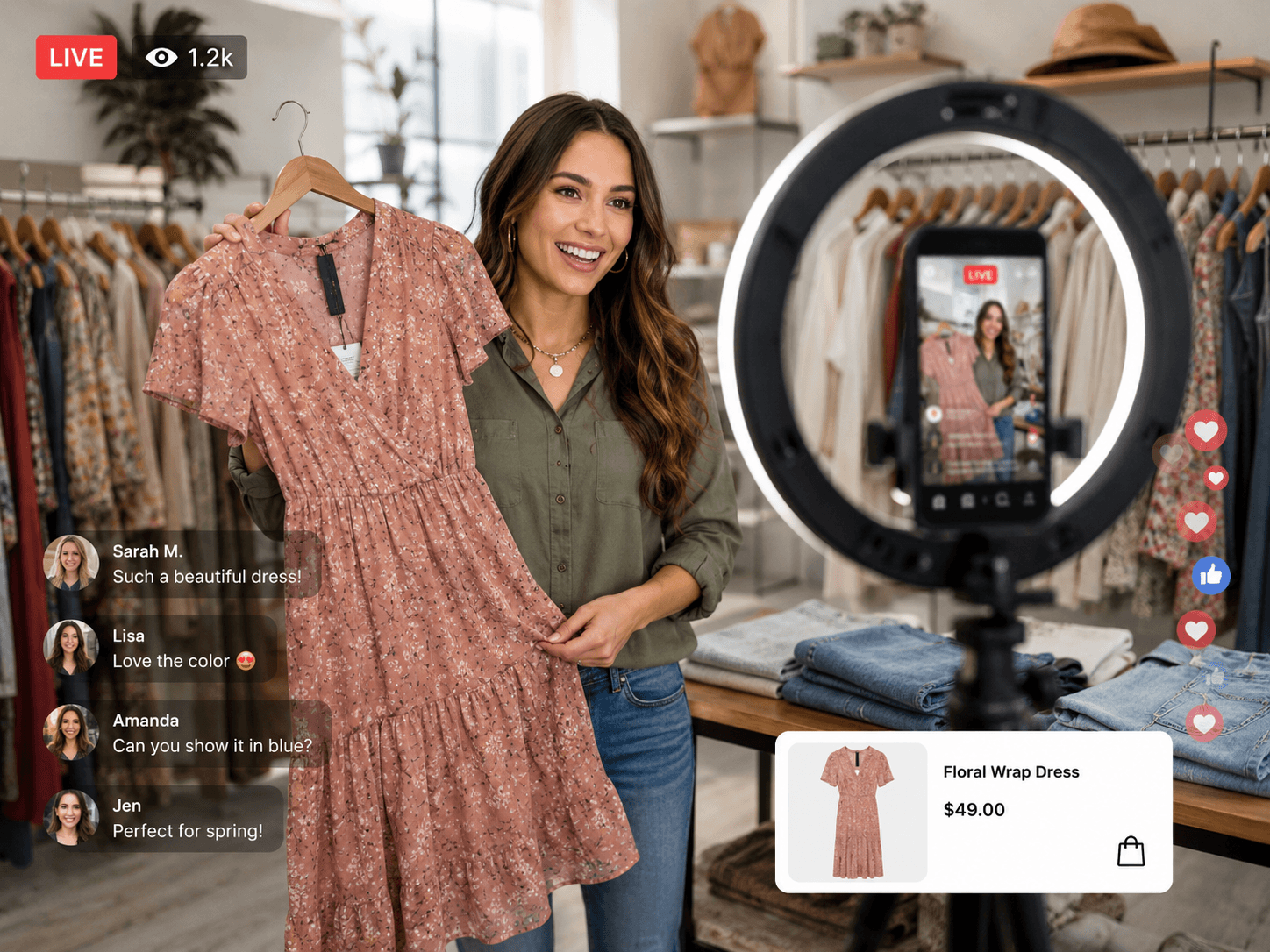 A boutique owner presenting a floral dress with a live product card on screen