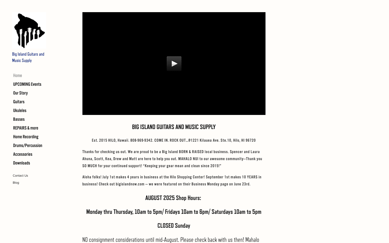 The previous Big Island Guitars Squarespace website, archived before the rebuild