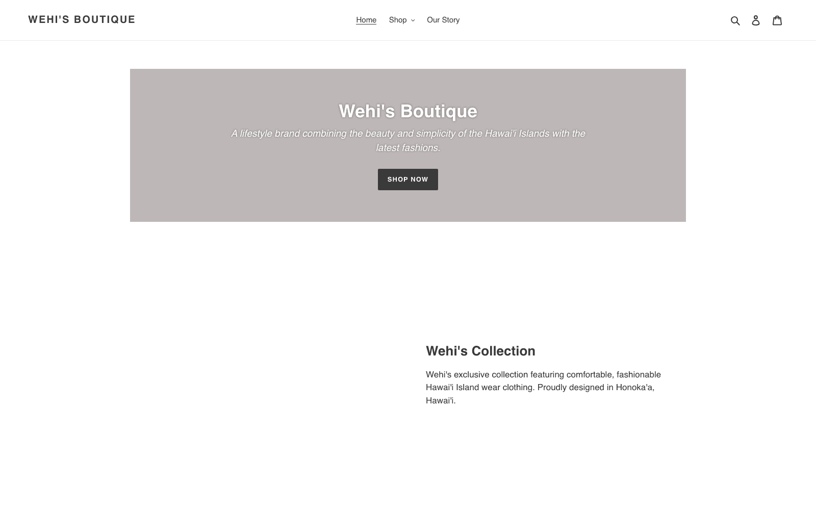 Archived capture of the old Wehi's Boutique website: a gray banner, three menu items, and generic hero copy on a default Shopify theme