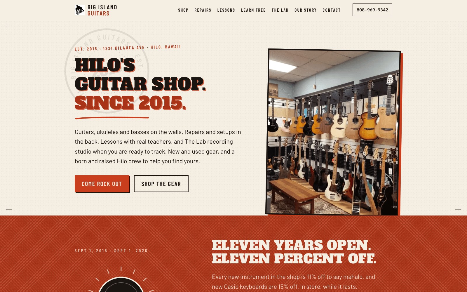 Big Island Guitars and Music Supply home page, the Hilo guitar shop used as the worked example